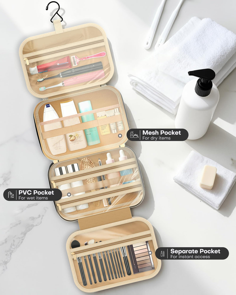 HOTOR toiletries bag bottle straps hold upright to prevent spills.