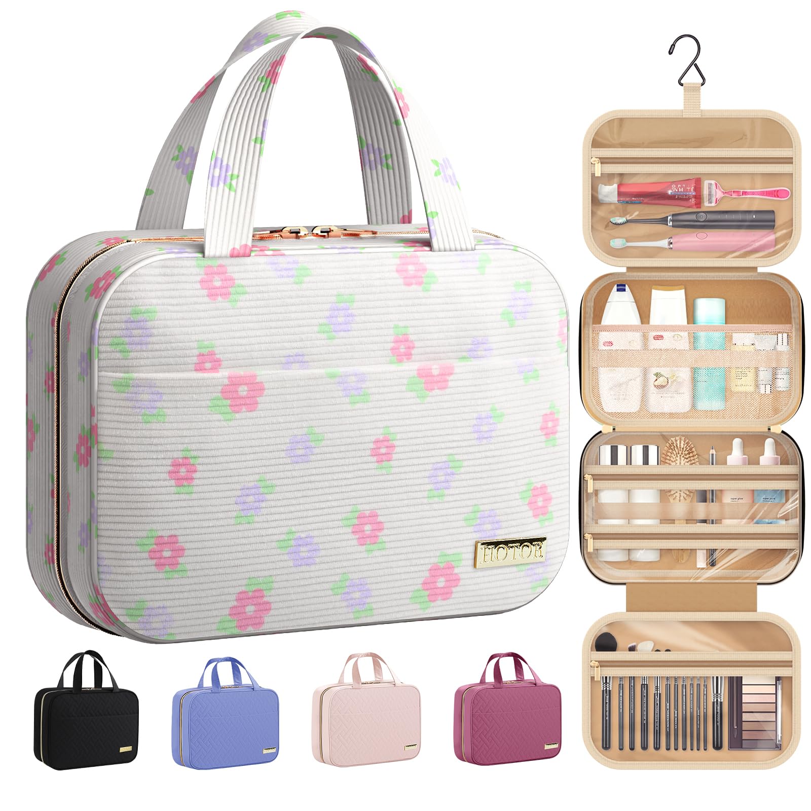 HOTOR Travel Toiletry Bag beige floral exterior, ideal for organized travel storage.