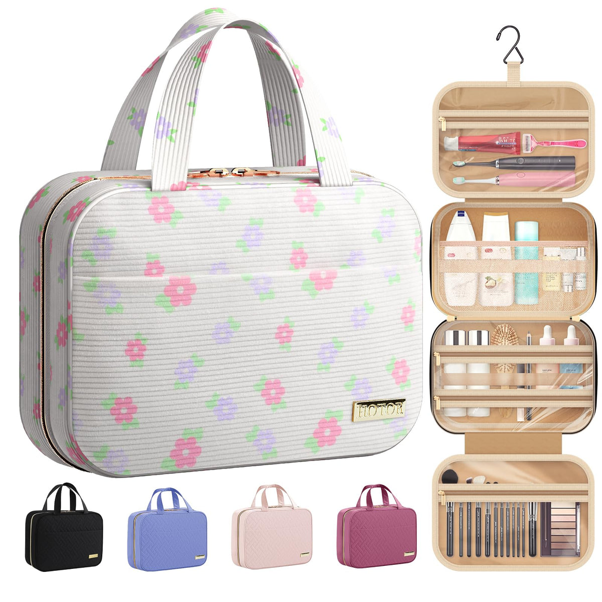 HOTOR Travel Toiletry Bag beige floral exterior, ideal for organized travel storage.