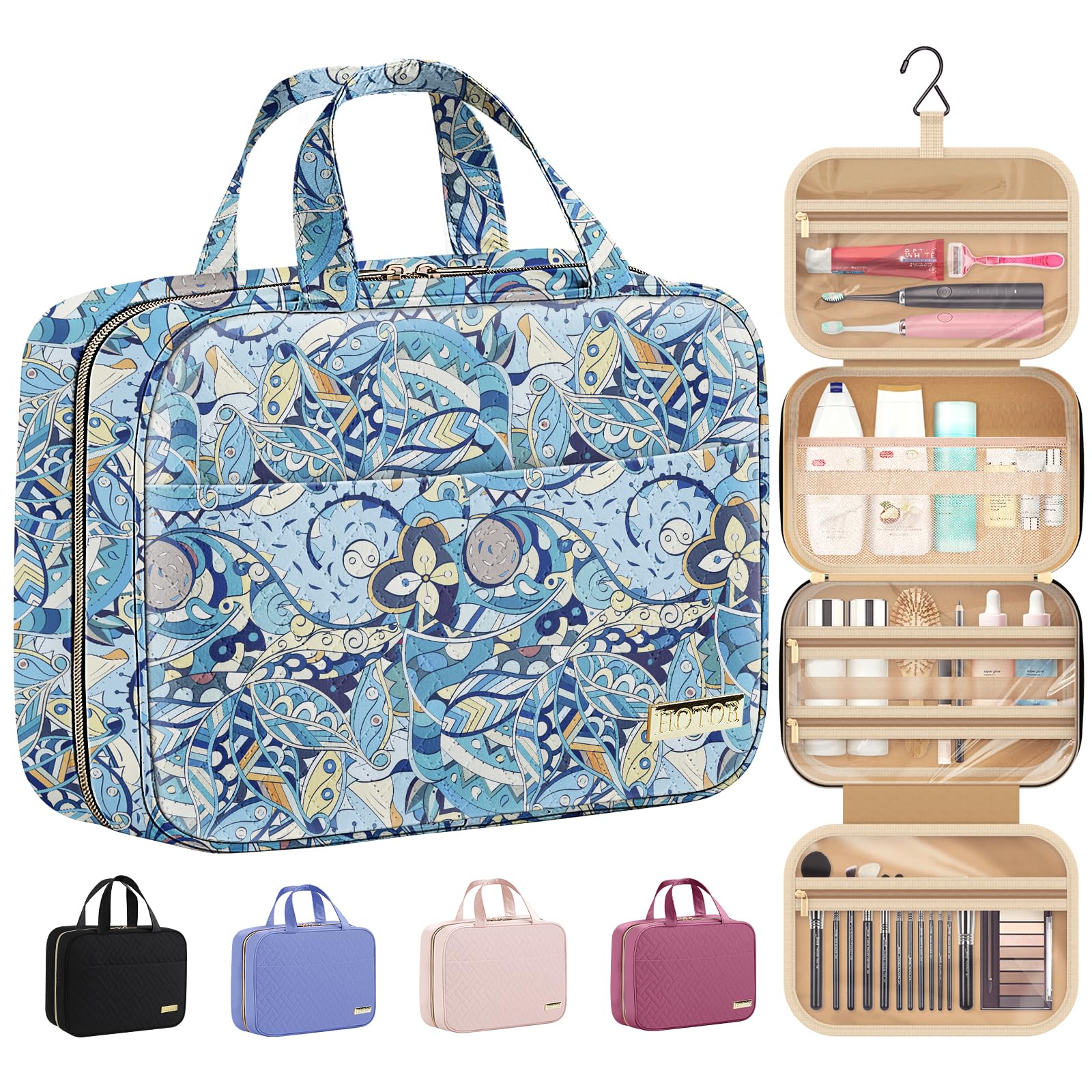 HOTOR travel toiletry bag in blue paisley keeps cosmetics and toiletries organized on the go.