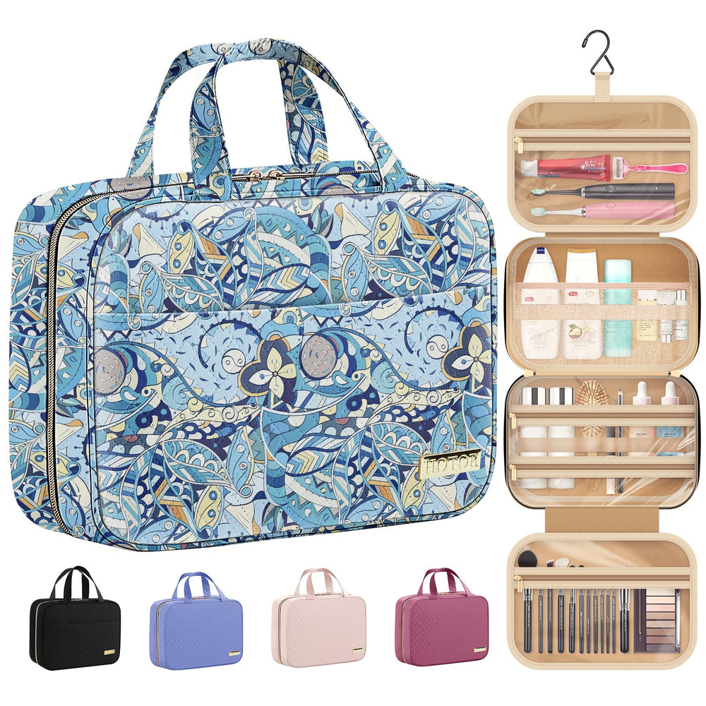 HOTOR travel toiletry bag in blue paisley keeps cosmetics and toiletries organized on the go.