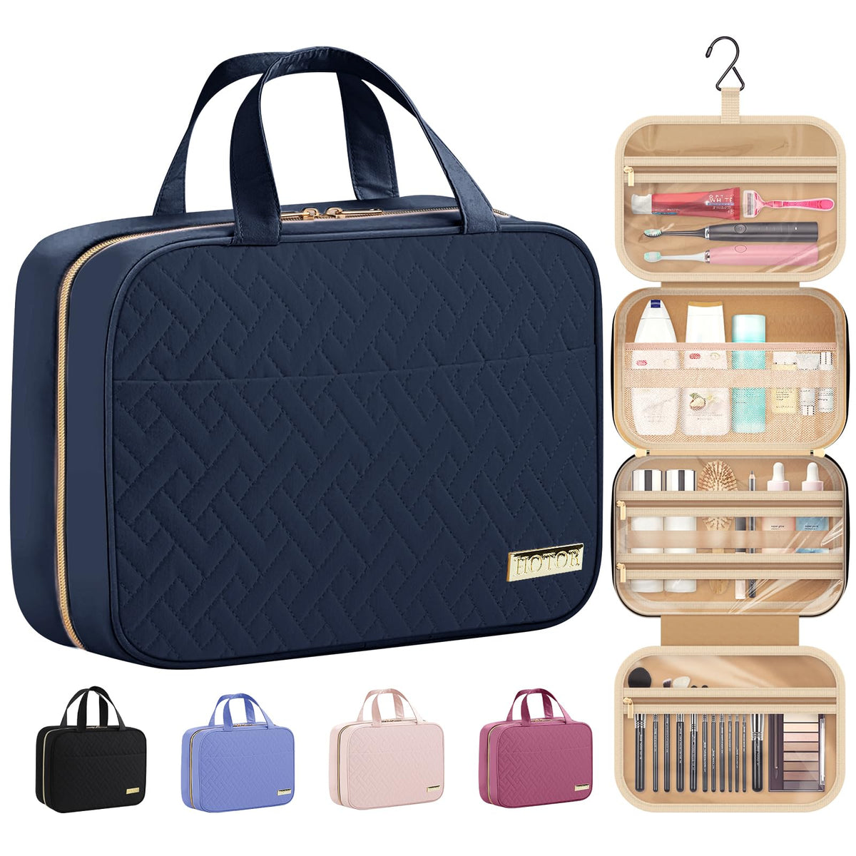 HOTOR travel toiletry bag closed view shows compact profile for easy packing.
