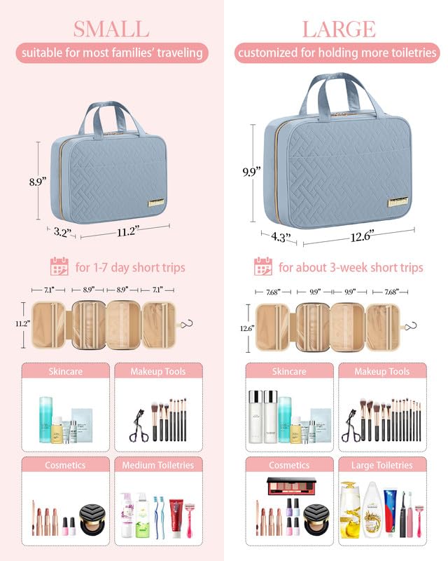 HOTOR travel toiletry bag four compartments highlights organized storage for cosmetics and toiletries.