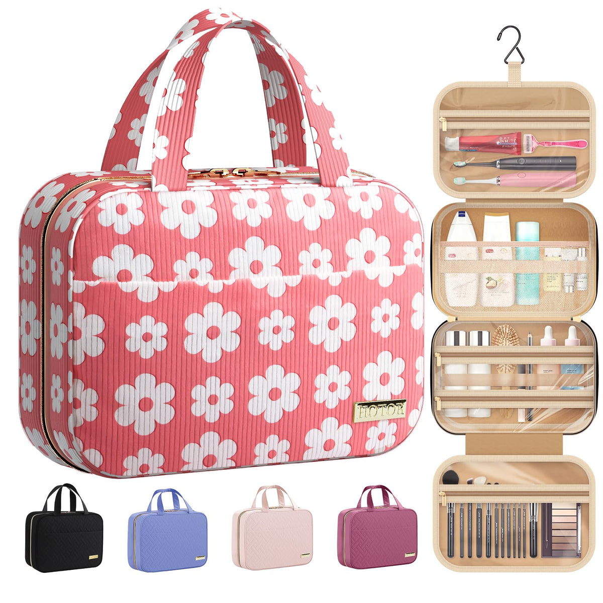HOTOR travel toiletry bag with hanging design, easy access while traveling.