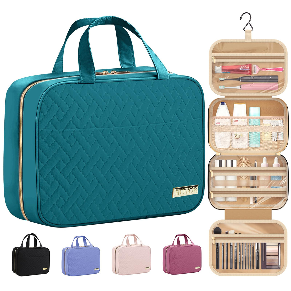 HOTOR travel toiletry bag with hanging hook demonstrates organized compact storage for trips