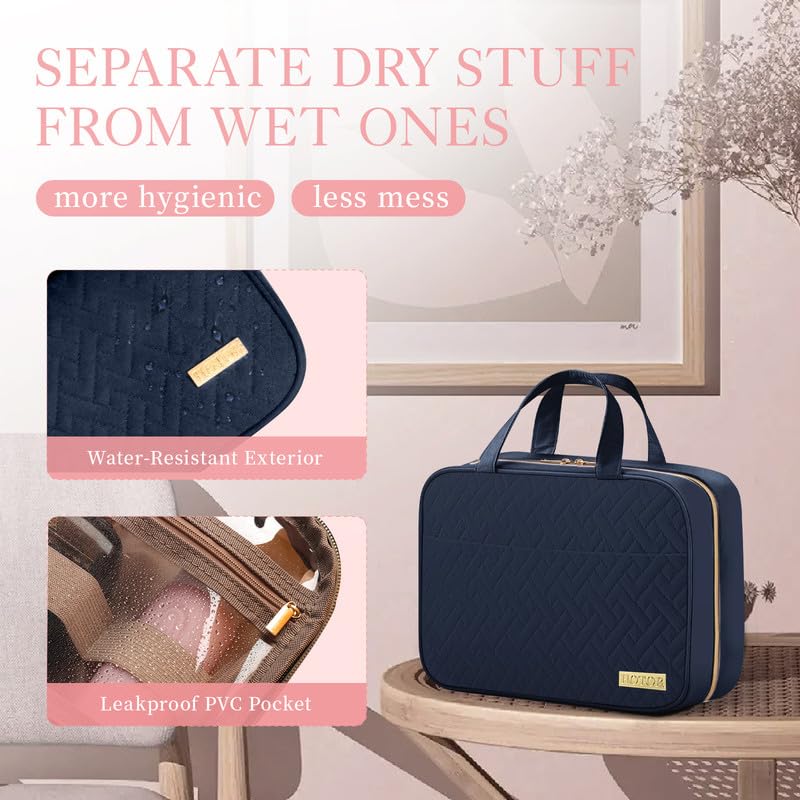 HOTOR travel toiletry bag hanging hook demonstrates space-saving bathroom convenience.