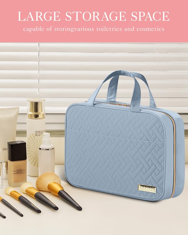 HOTOR travel toiletry bag hanging hook demonstrates easy bathroom access and save counter space.
