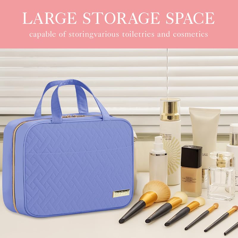 HOTOR travel toiletry bag hanging on a hook for easy bathroom access