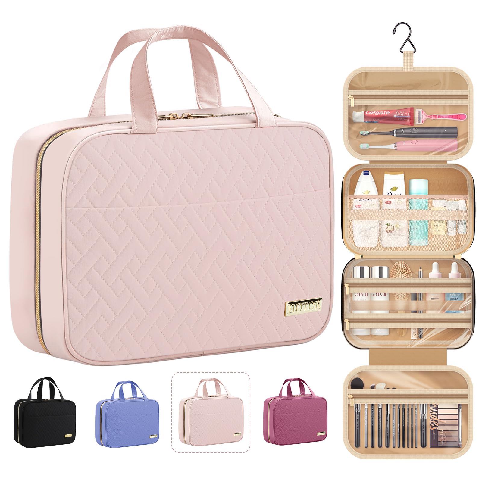 HOTOR Travel Toiletry Bag with hanging hook keeps toiletries accessible during travel.