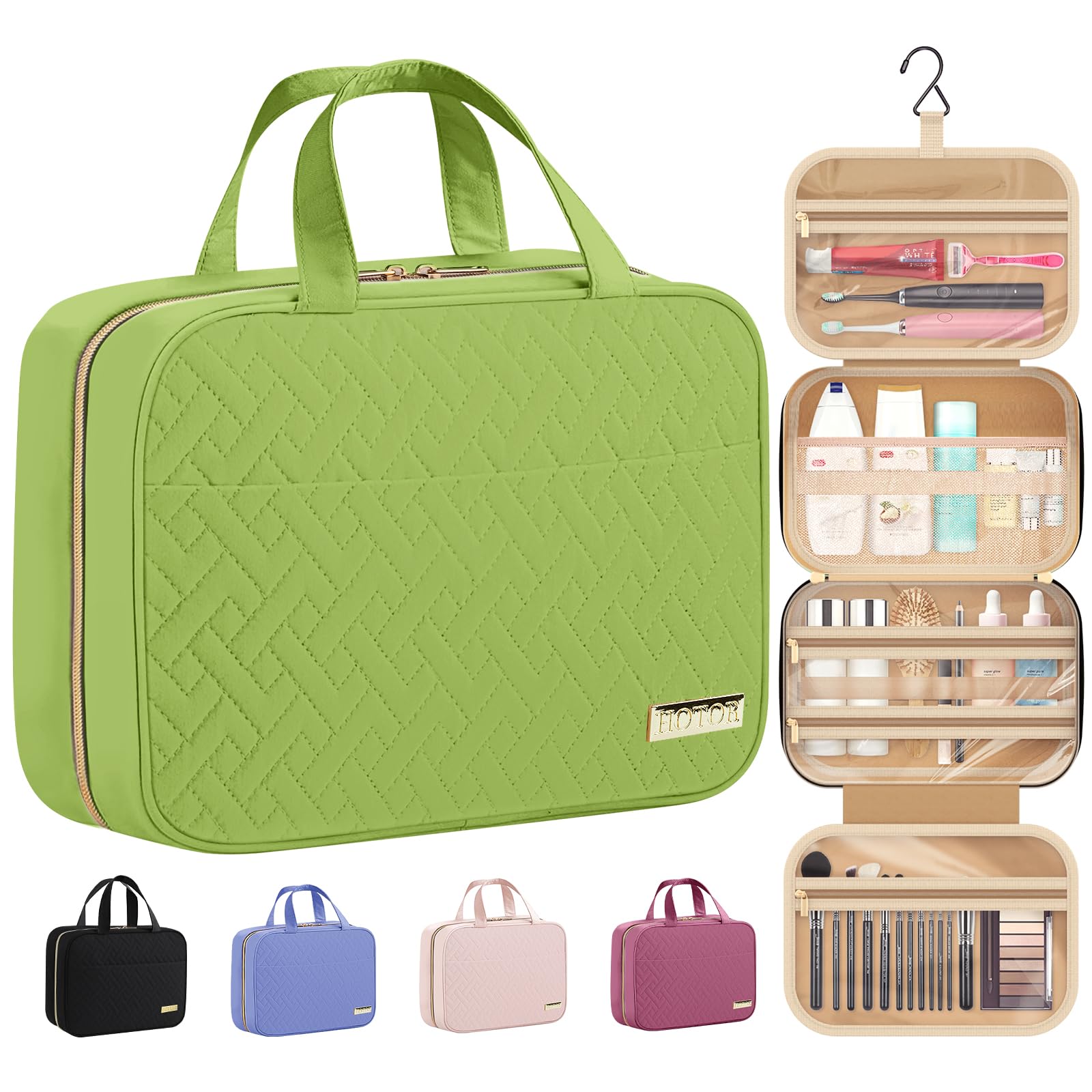 HOTOR travel toiletry bag hanging setup enables easy access while saving counter space