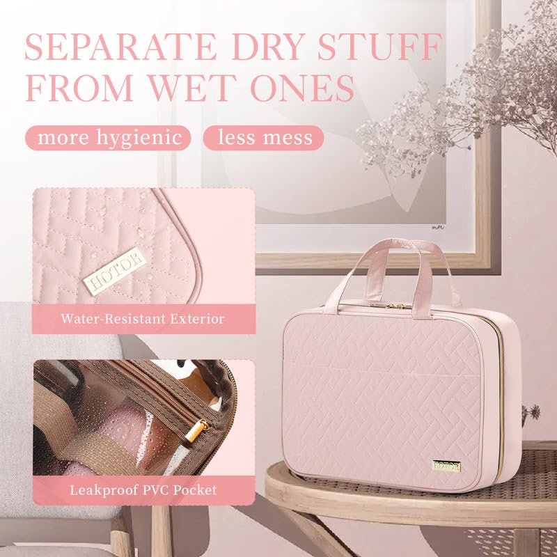 HOTOR Travel Toiletry Bag inside layout reveals four compartments and elastic bottle holders.