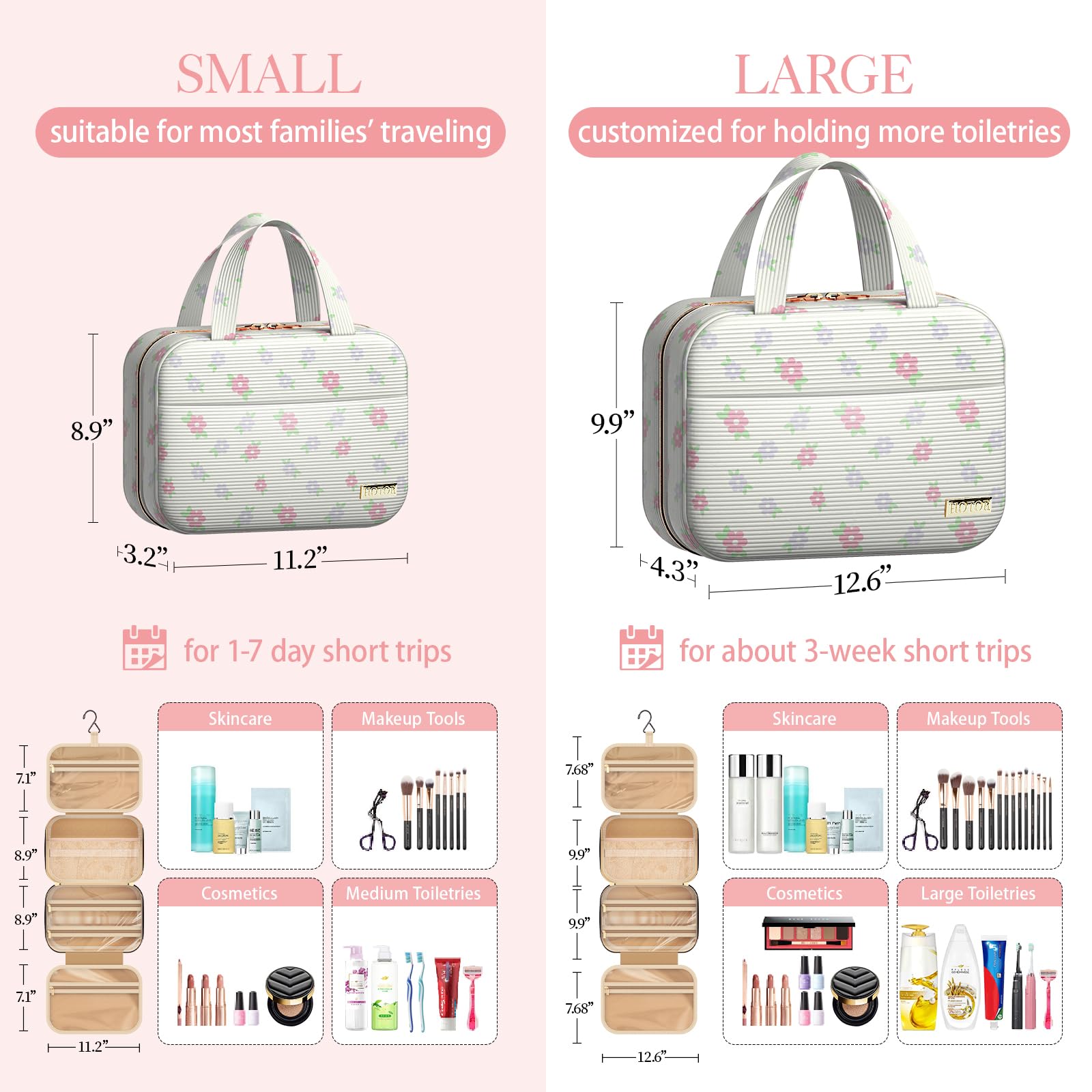 HOTOR Travel Toiletry Bag interior with multiple compartments keeps toiletries organized on the go.