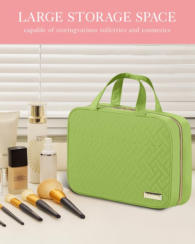 HOTOR travel toiletry bag open layout shows spacious compartments for toiletries and makeup