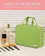 HOTOR travel toiletry bag open layout shows spacious compartments for toiletries and makeup