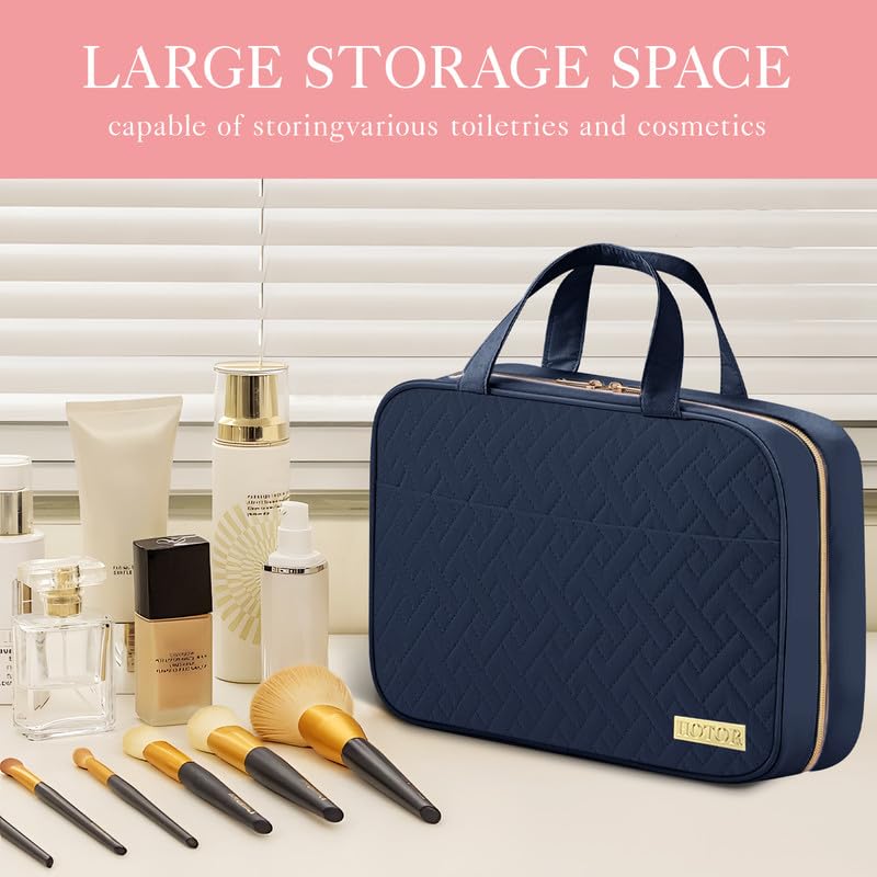 HOTOR travel toiletry bag open view reveals organized compartments for essentials.