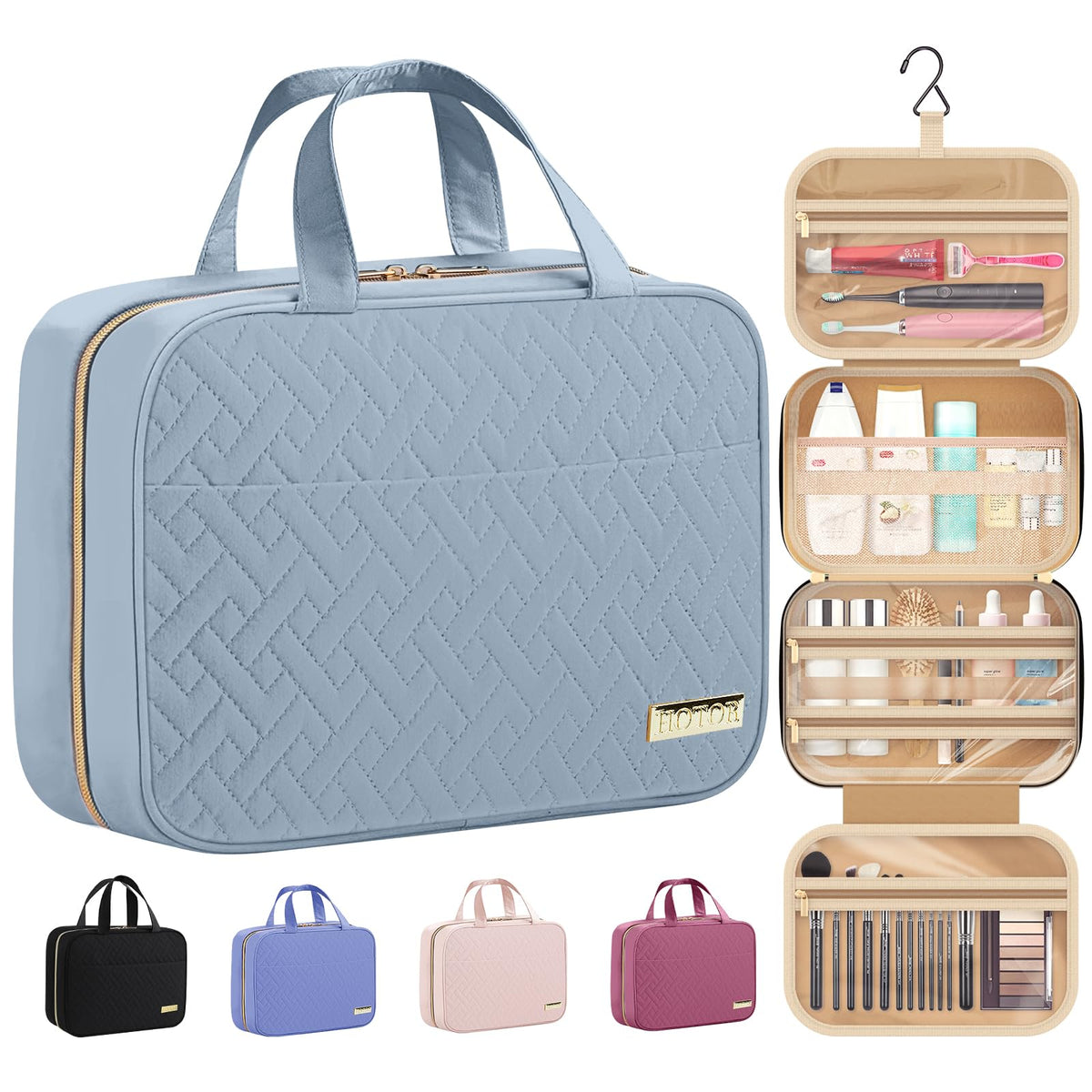 HOTOR travel toiletry bag opened wide for on-the-go organization.