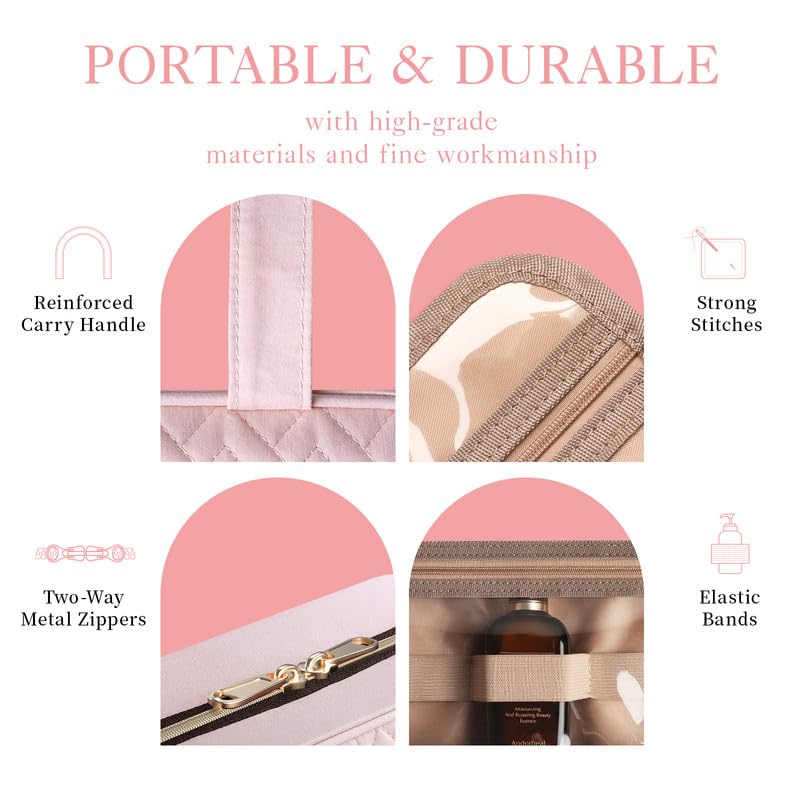 HOTOR Travel Toiletry Bag pale pink color adds subtle style to travel kits.
