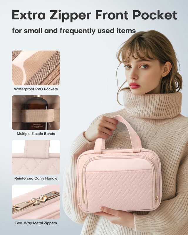 HOTOR Travel Toiletry Bag pale pink color adds stylish travel organization.
