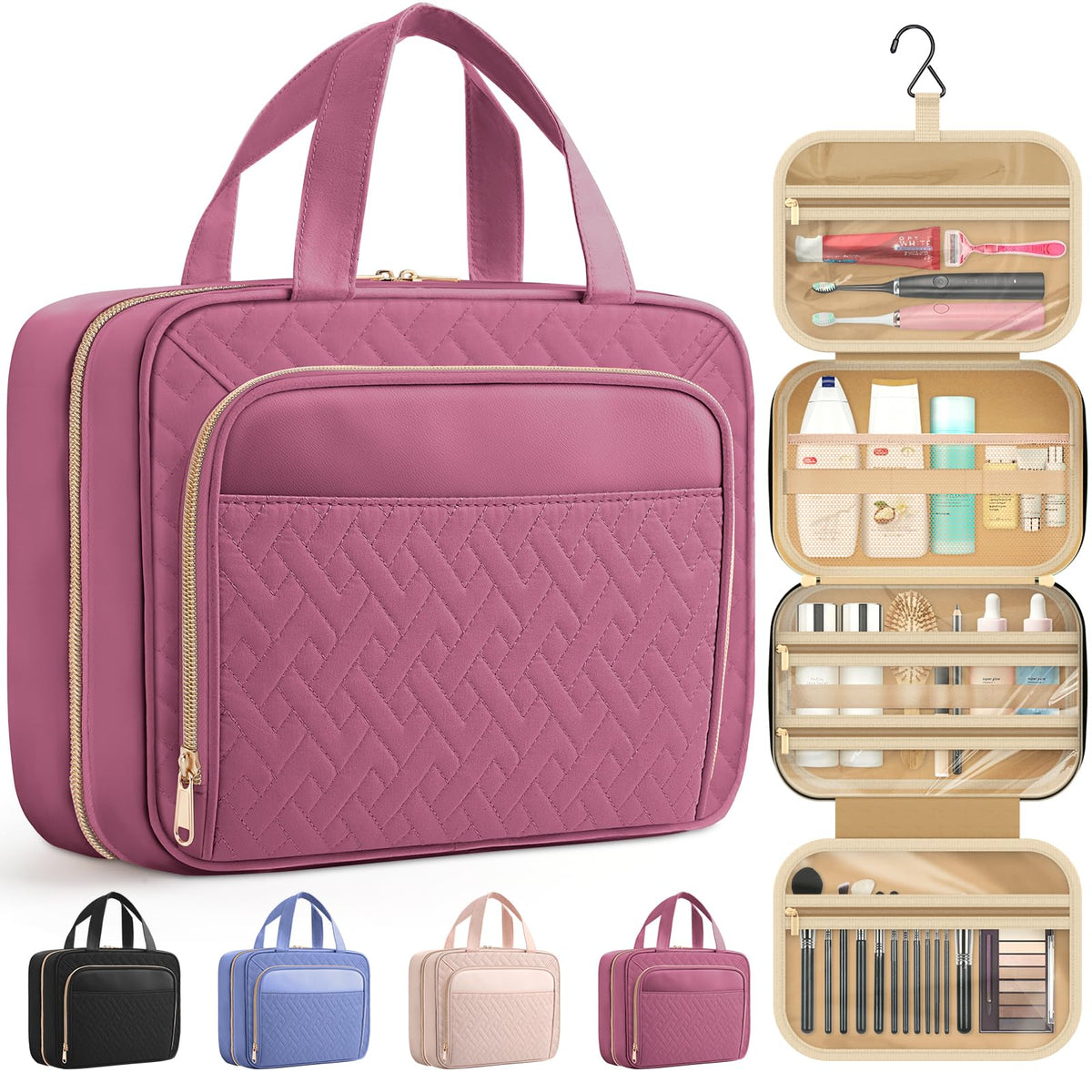 HOTOR travel toiletry bag rosewood pink hanging hook ready for hotel stays with easy access