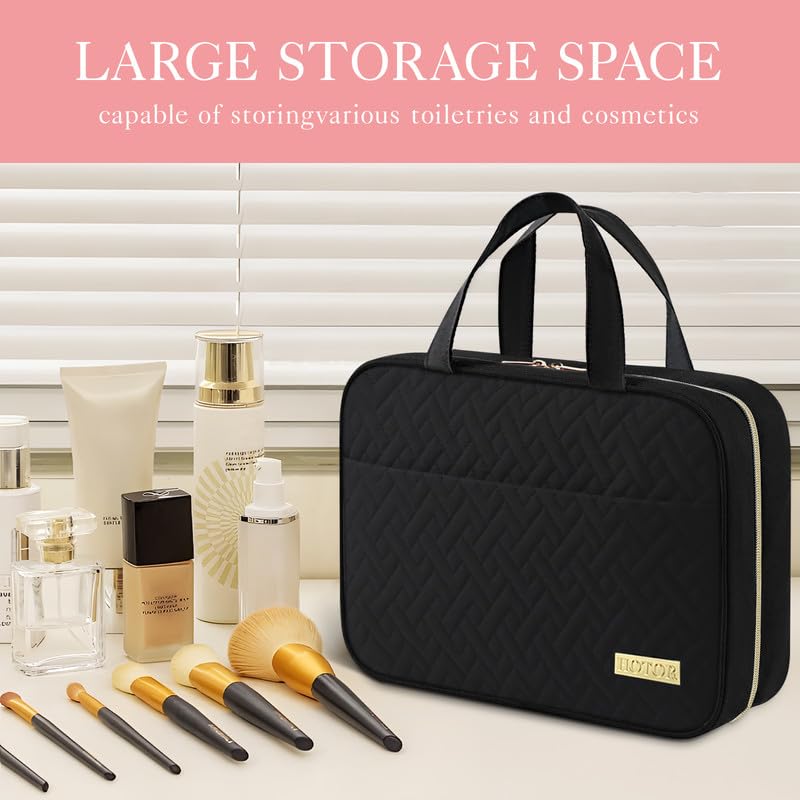 HOTOR travel toiletry bag shows spacious compartments for organized essentials