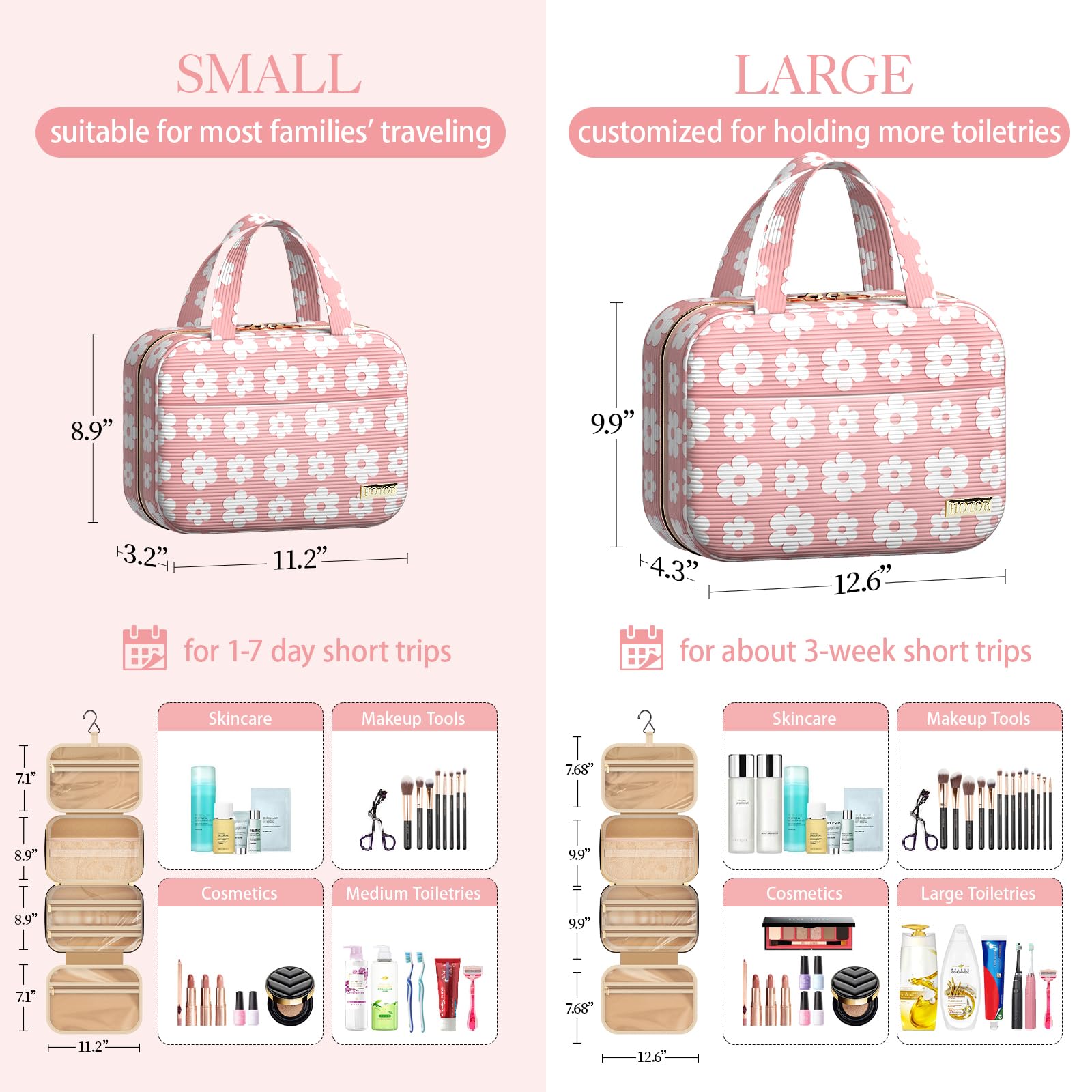 HOTOR toiletry bag featuring spacious compartments and waterproof pockets for organization.