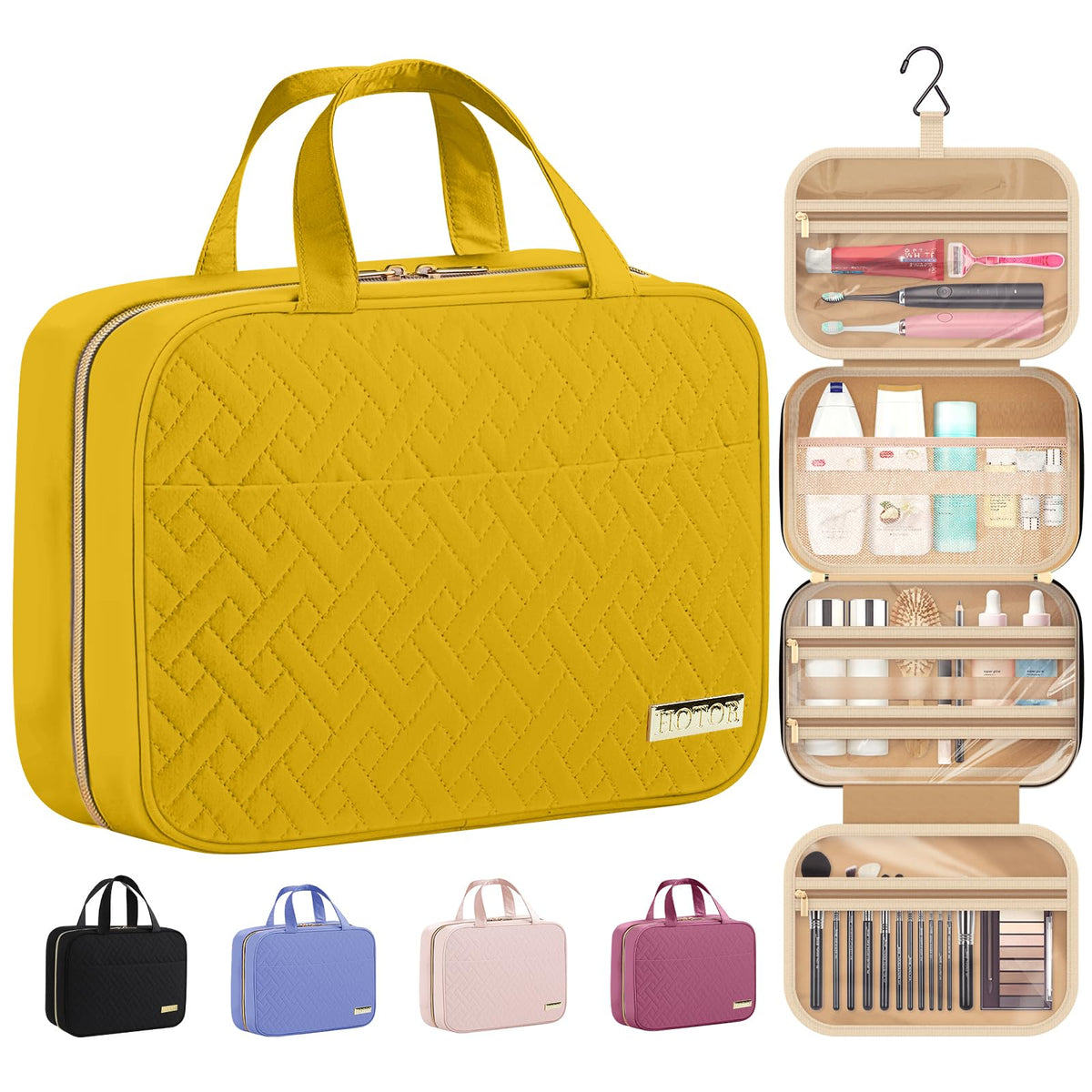 HOTOR travel toiletry bag in yellow, front view, for easy on-the-go organization