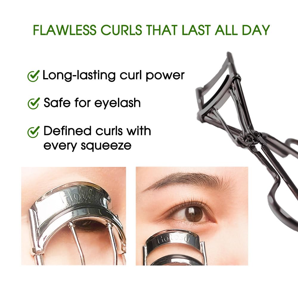Hotosu curler in use demonstrates gentle, even pressure on lashes.