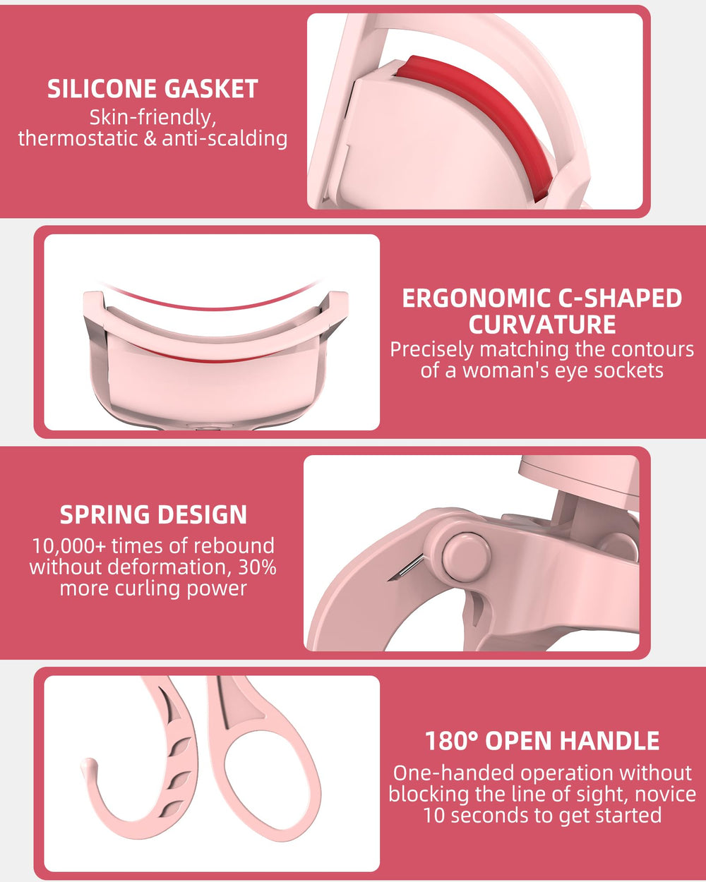 HOTRYEE heated eyelash curler pink 24h curl demonstrates long-lasting lift for all-day wear