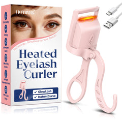 HOTRYEE heated eyelash curler pink open view shows quick lash prep for instant curl