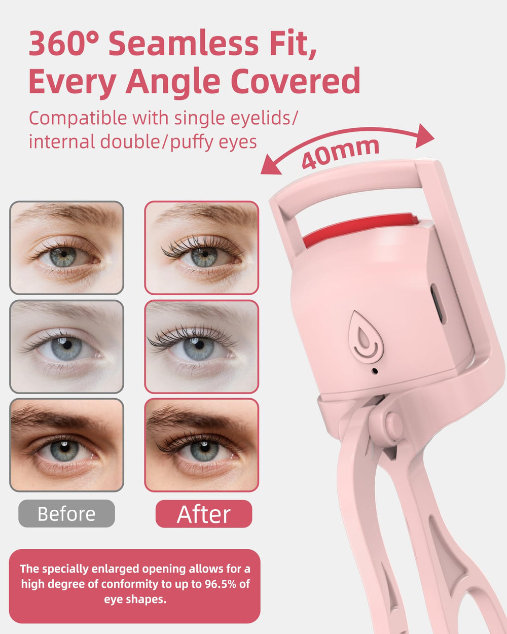 HOTRYEE heated eyelash curler pink silicone pad close-up emphasizes gentle protection