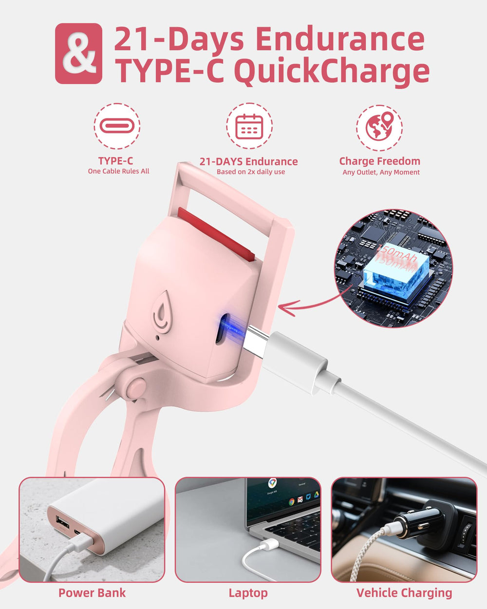 HOTRYEE heated eyelash curler pink type-C charge highlights quick power-ups
