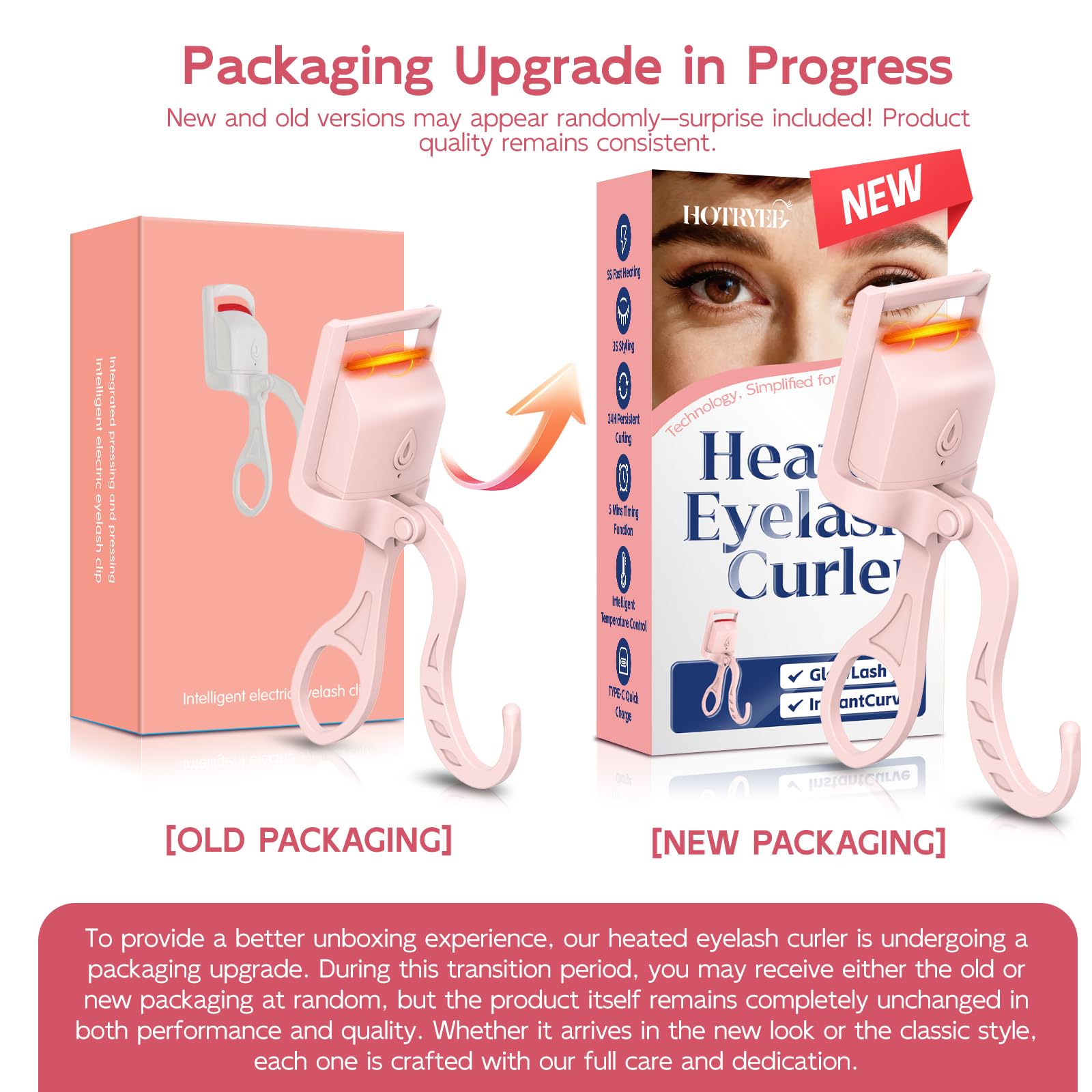 HOTRYEE heated eyelash curler pink warmup indicator signals readiness for safe styling