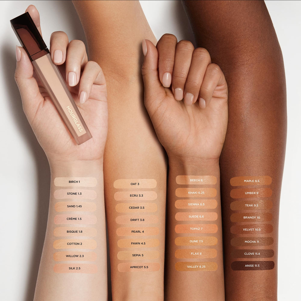 Hourglass Vanish Airbrush Concealer under-eye application shows crease-free look.