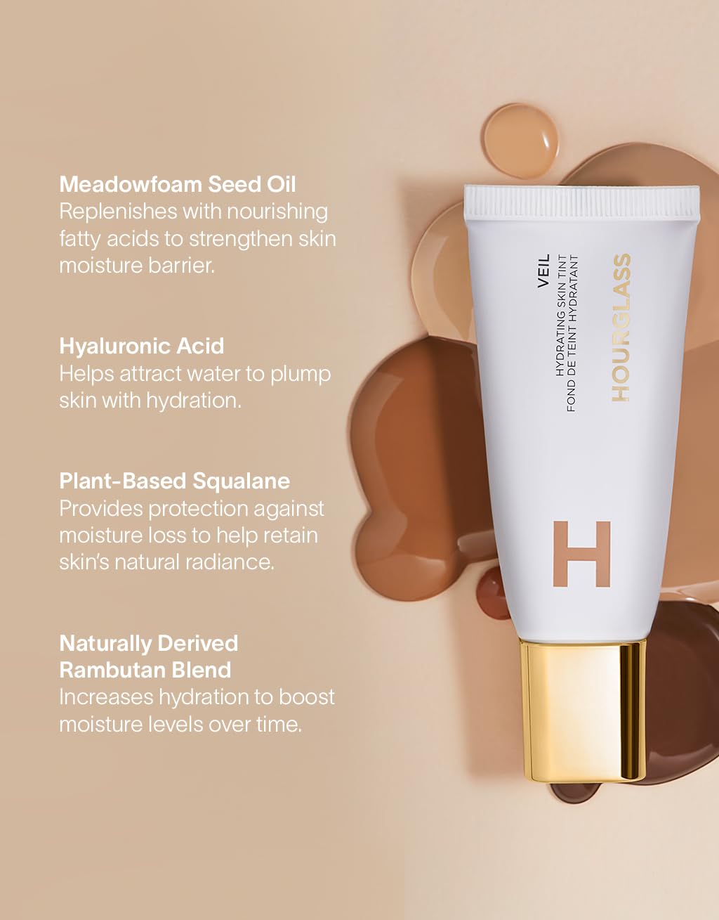 Hourglass Veil Hydrating Skin Tint product packaging with botanical ingredients highlighting skincare infusion.