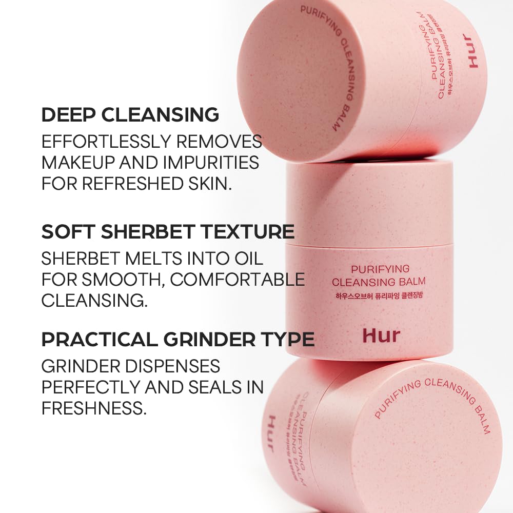 House of Hur Purifying Cleansing Balm packaging against soft background highlights a clean beauty routine.