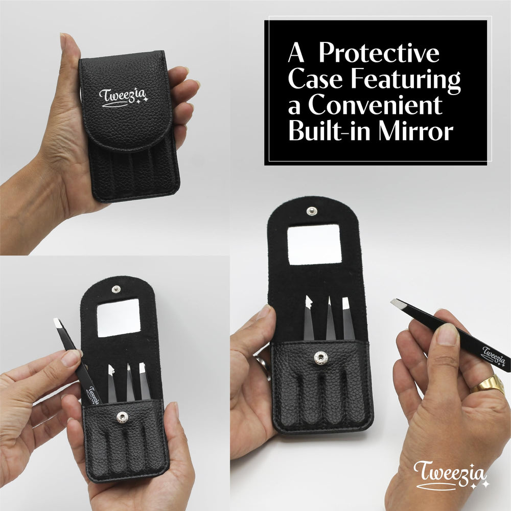 Houseify TWEEZIA leather case and mirror image highlights organized tools and easy touch-ups.