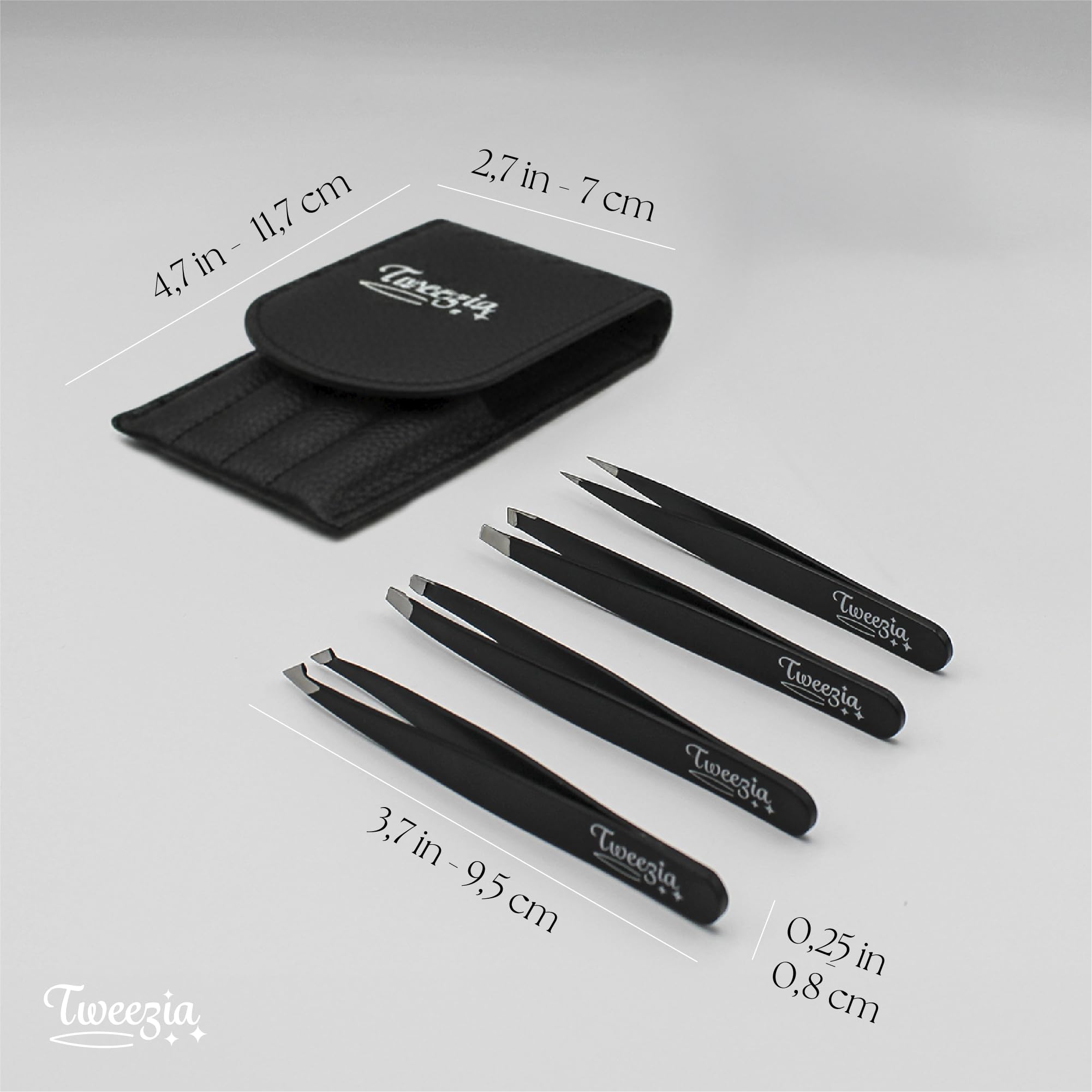 Houseify TWEEZIA slanted tweezer close-up emphasizes efficient hair removal with angled tip.