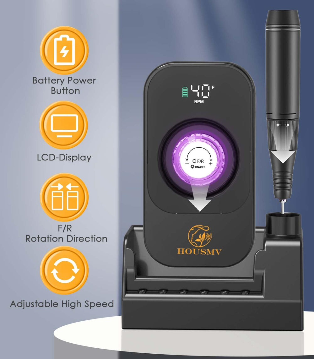 HOUSMV nail drill LCD display highlights speed, direction, and battery status