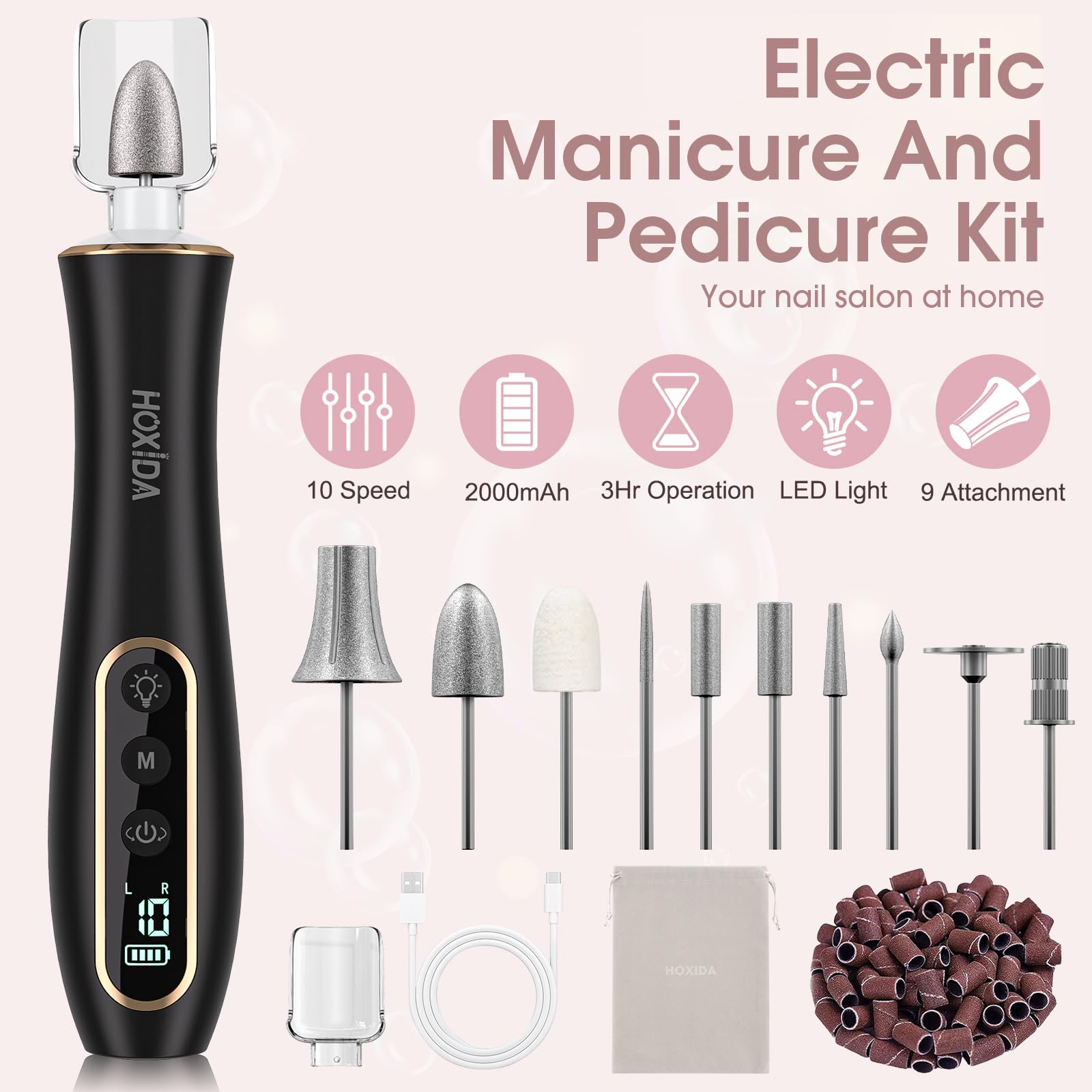 Hoxida nail drill with 360° LED light for precise grinding