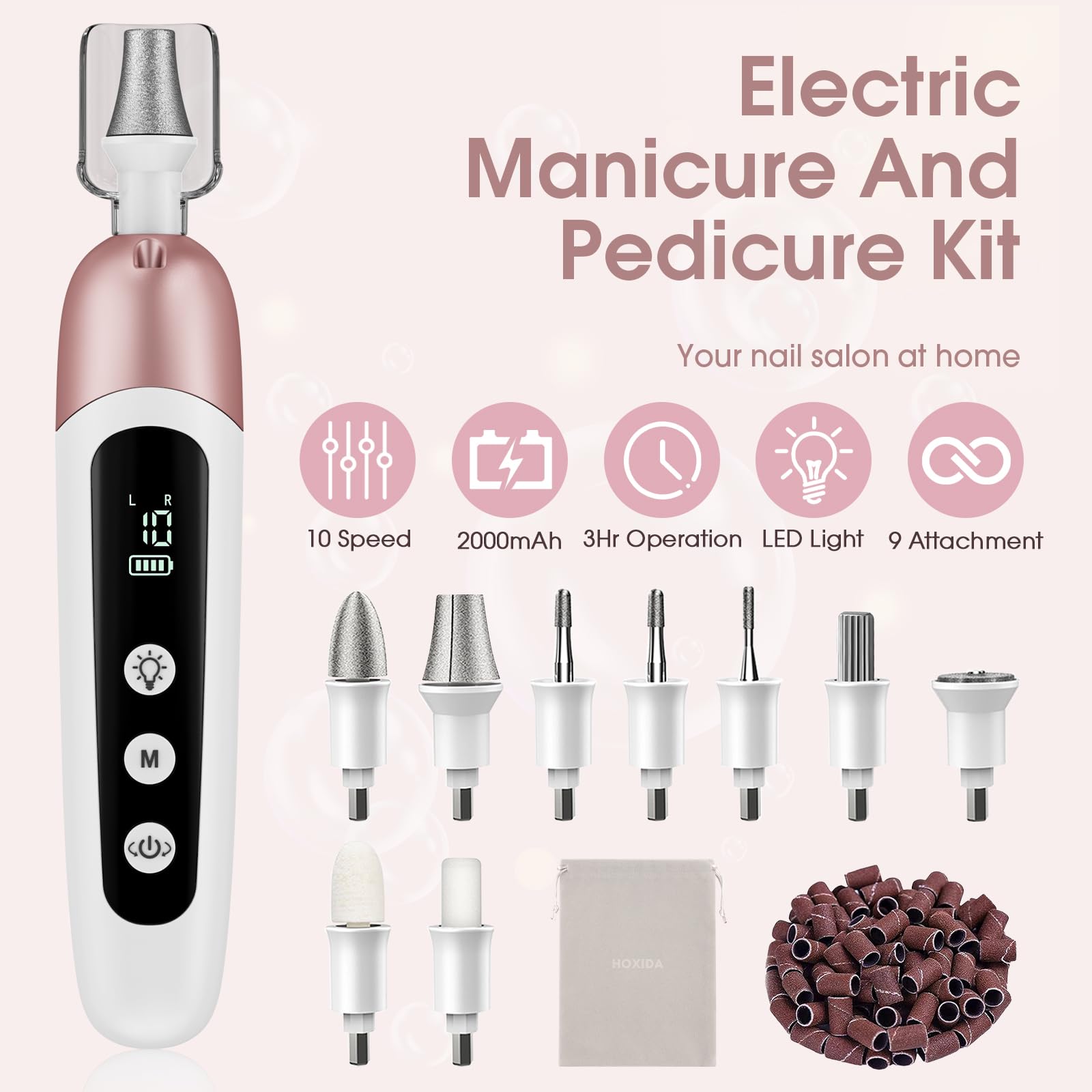 Hoxida nail drill LCD display showing memory modes for easy use