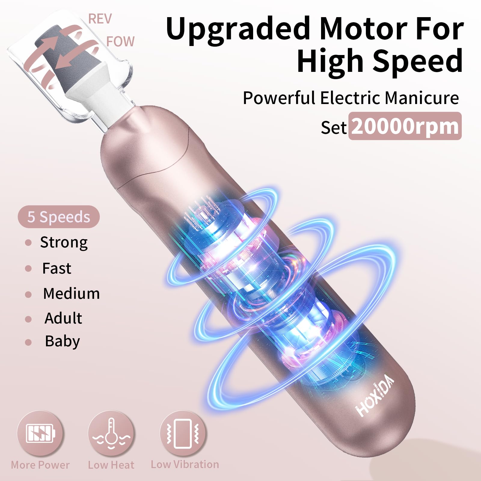 Hoxida nail drill speed control with 0-20,000 rpm for precise shaping
