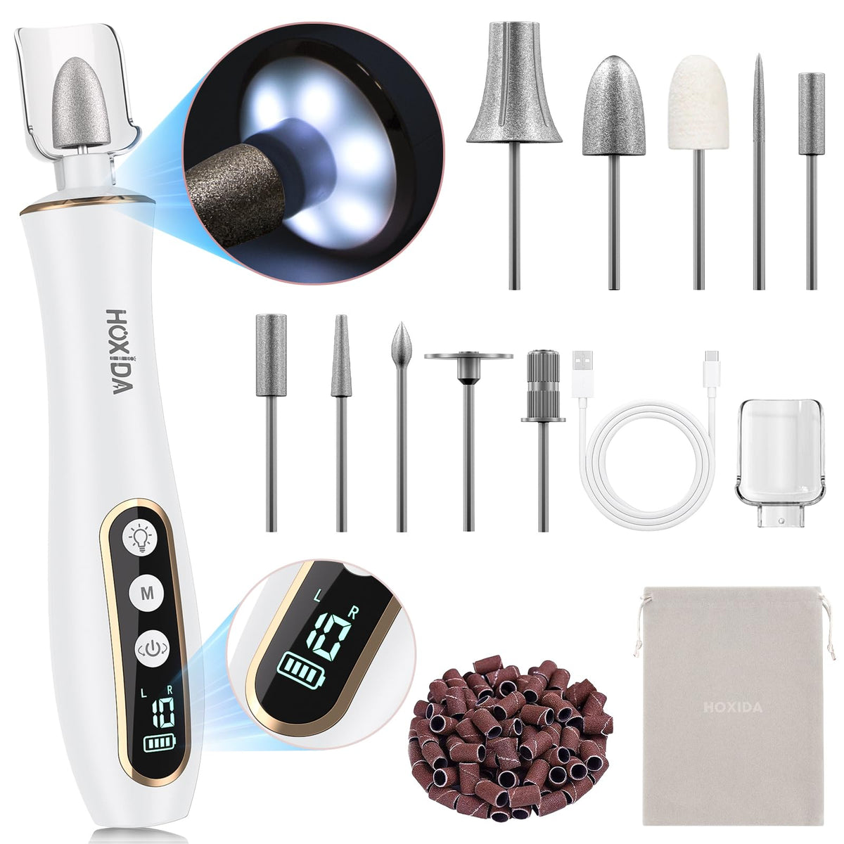 Hoxida professional manicure pedicure kit with 360 degree LED light for precise shaping