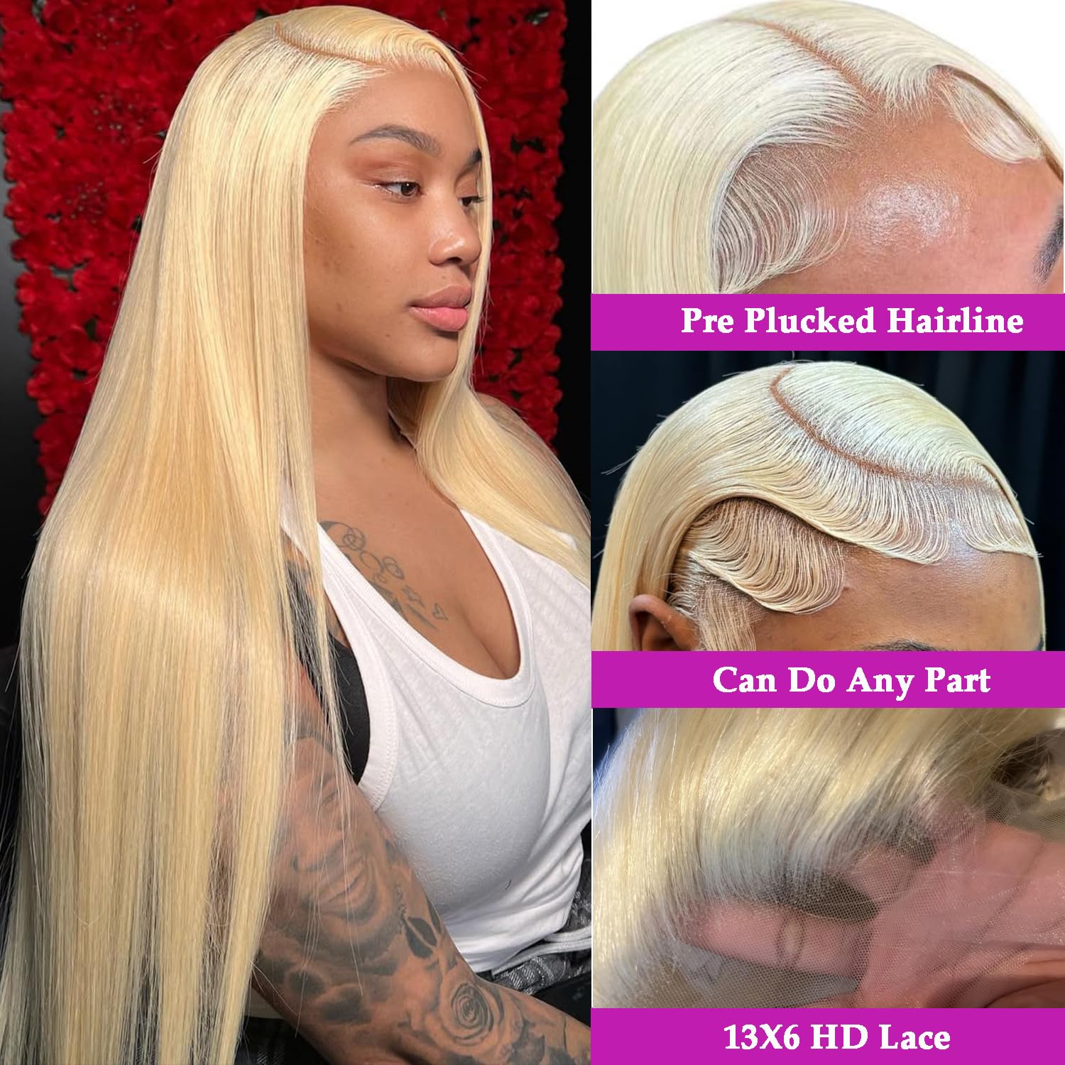HPJIQ 613 blonde human hair straight wig with smooth texture for sleek daily looks.