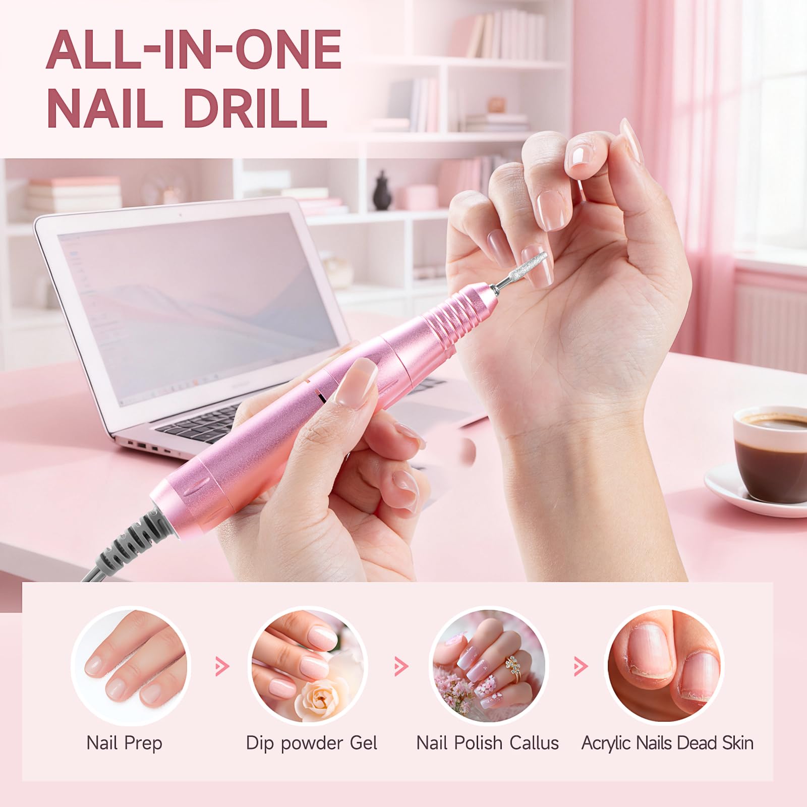 HQMPHQ nail drill with glitter accents adds stylish appeal.