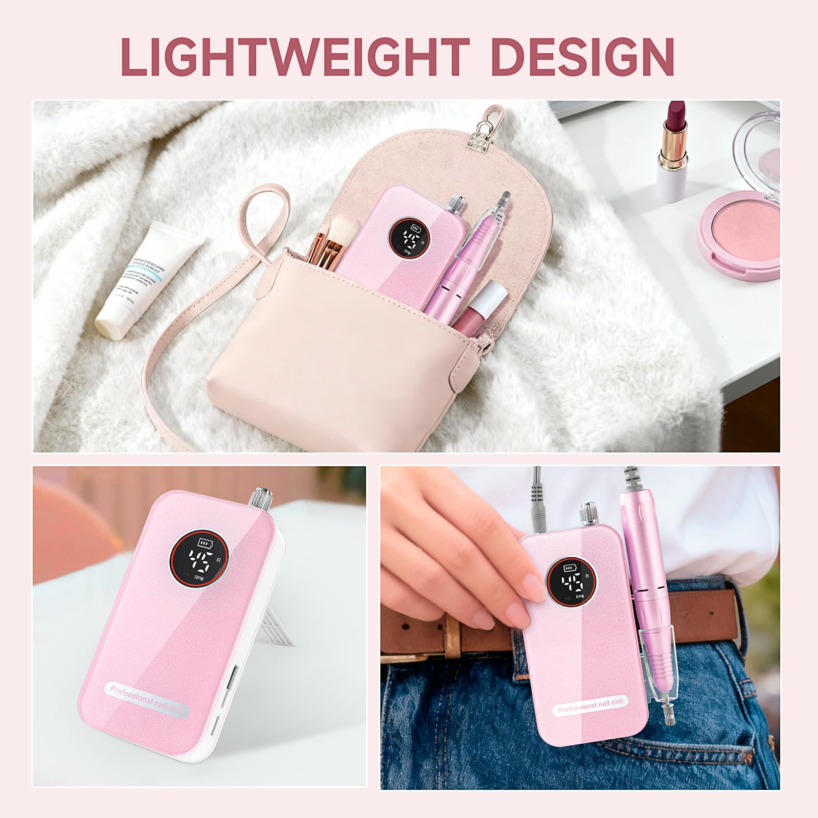HQMPHQ nail drill storage base and belt clip for organization.