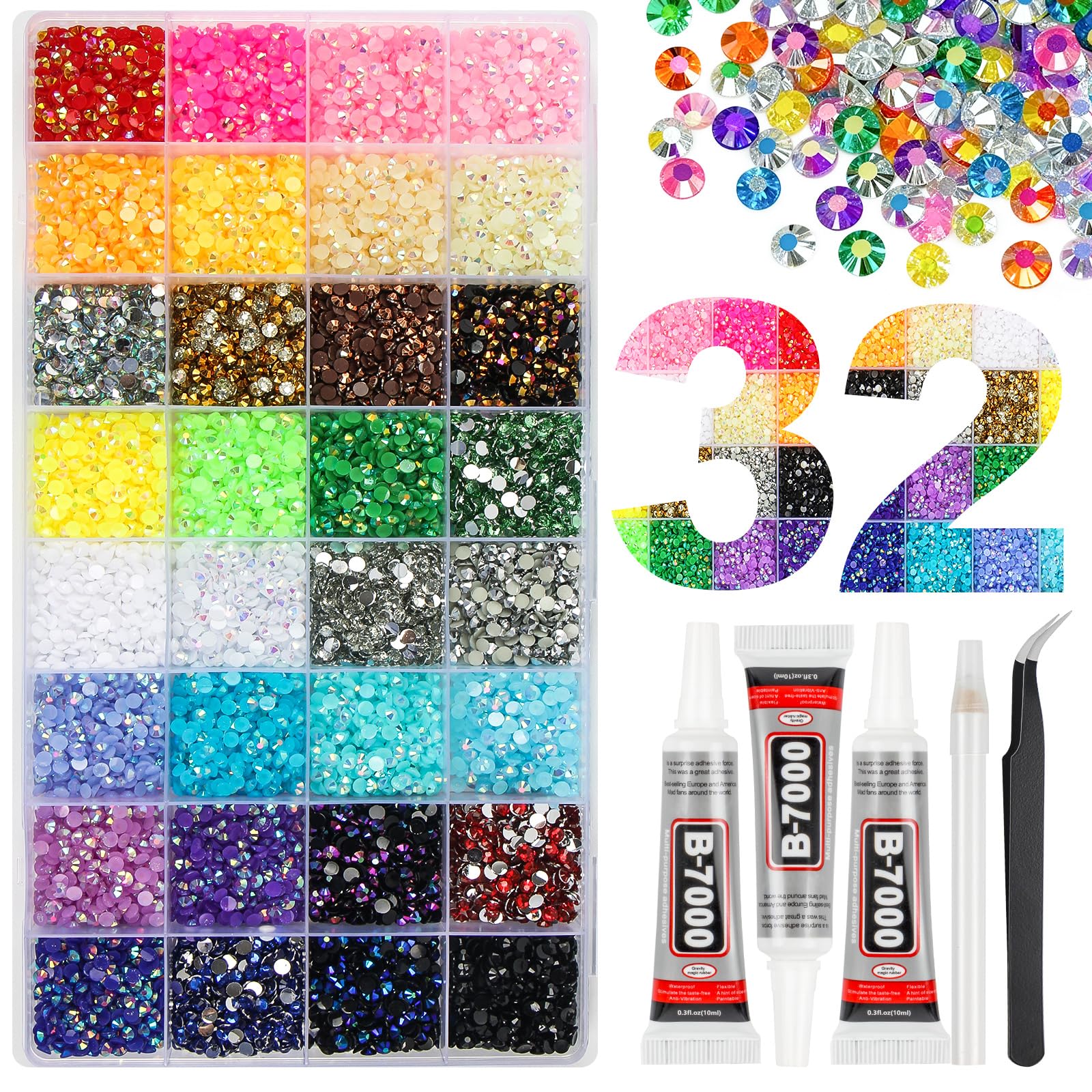 HRLbrc 36000pcs rhinestones in 32 colors showing vibrant 3mm flatbacks for sparkling crafts