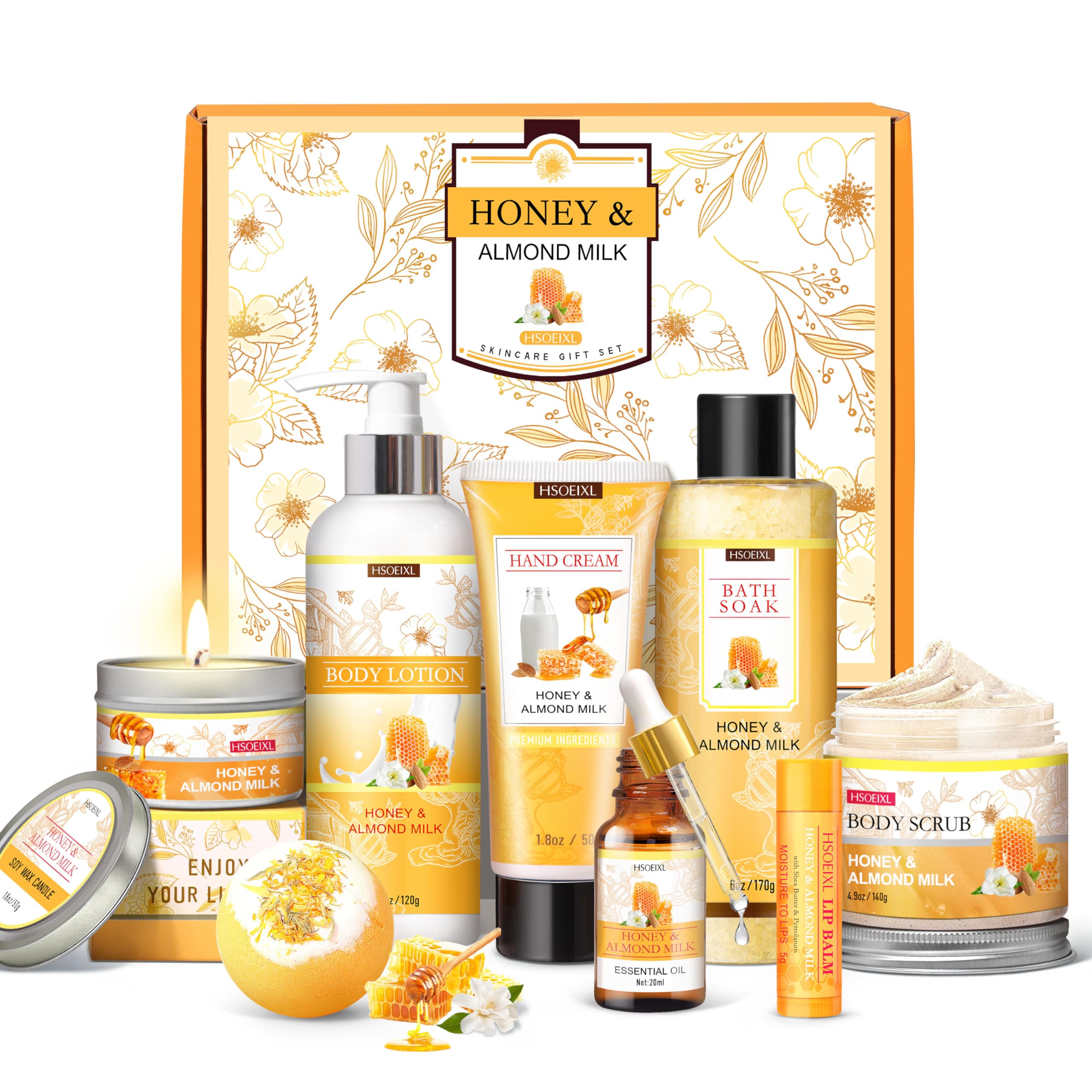 HSOEIXL 9pc almond-milk-honey gift-set displayed for at-home spa nights.