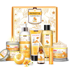 HSOEIXL 9pc almond-milk-honey gift-set displayed for at-home spa nights.