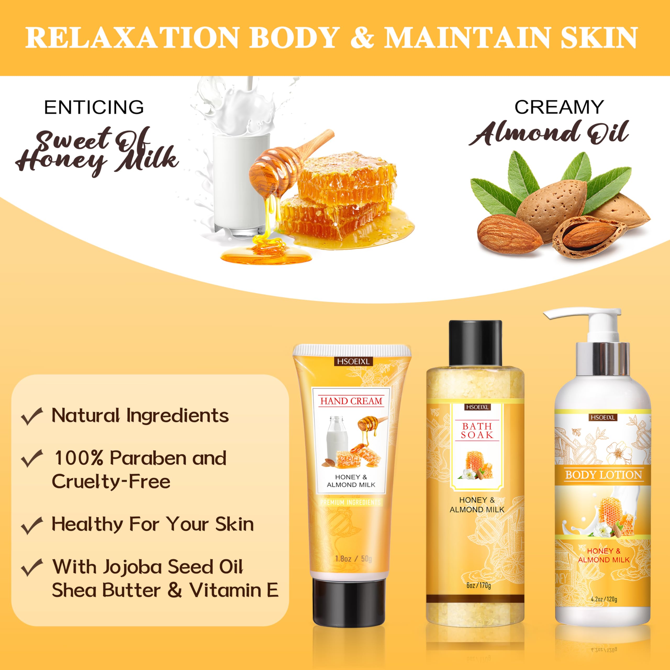 HSOEIXL almond-milk-honey body scrub for gentle exfoliation.
