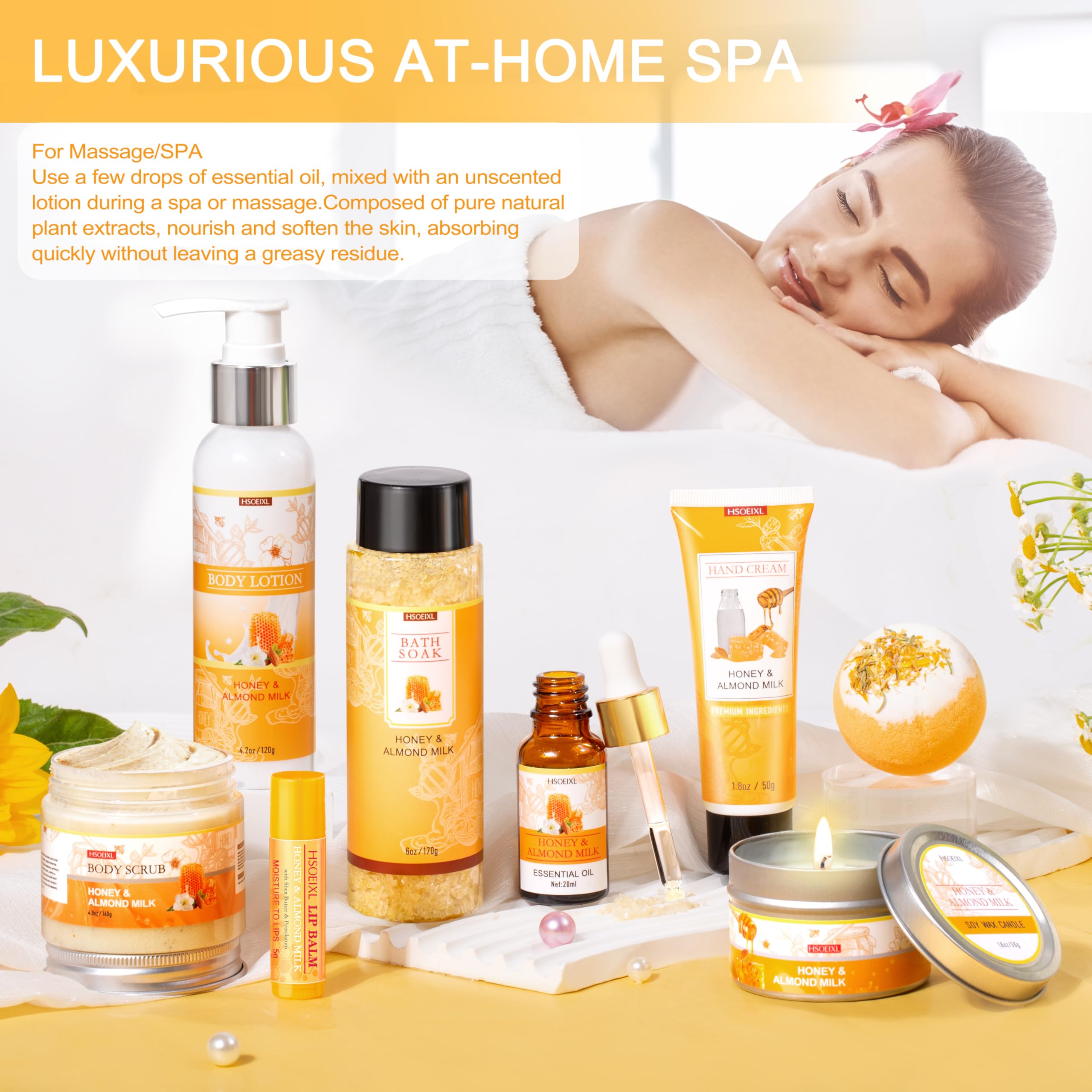 HSOEIXL almond-milk-honey essential oil bottle for relaxing aromatherapy at home.